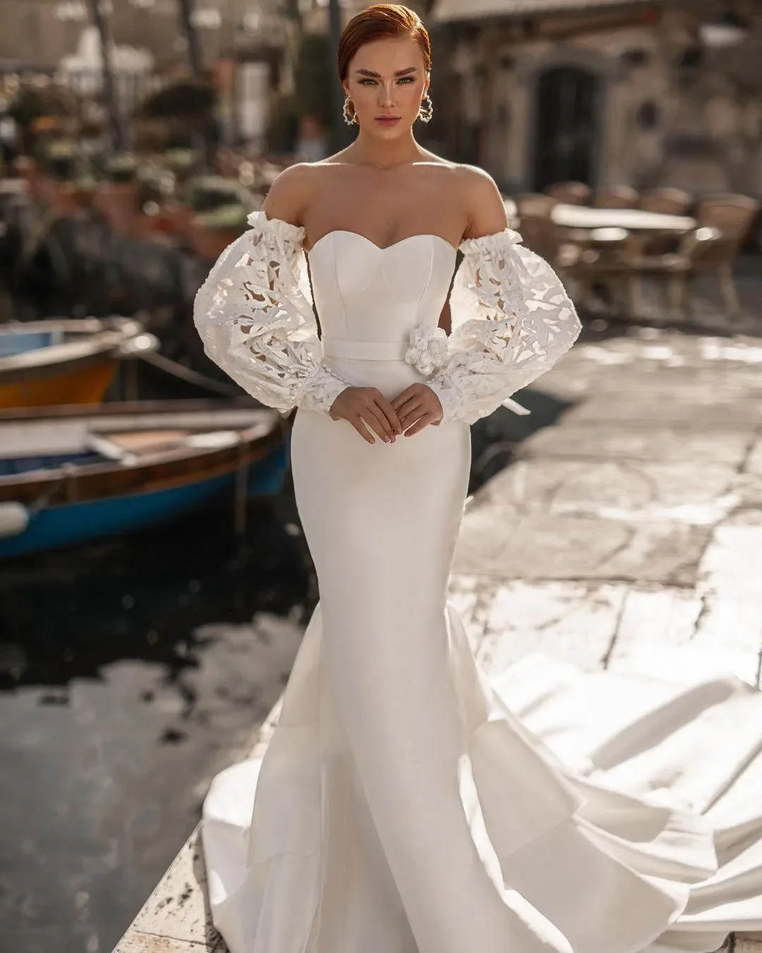 Abito da sposa unico con scollo a cuore a sirena fiori 3D con maniche lunghe staccabili con spalle scoperte abiti da sposa da giardino taglie forti