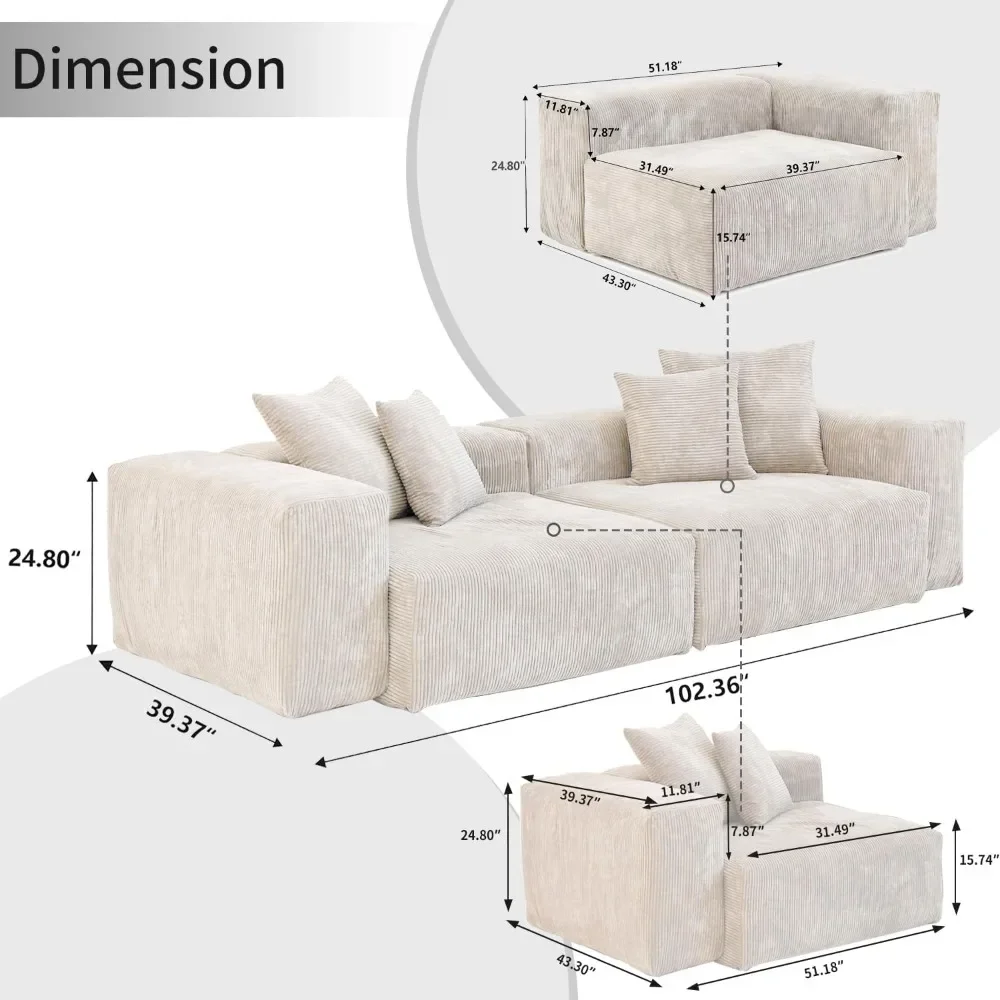 102 inch Modular Sectional Sofa, Upholstered with Corduroy Fabric Couches with 4 Pillows, Cushion Covers Removable, LoveSofa