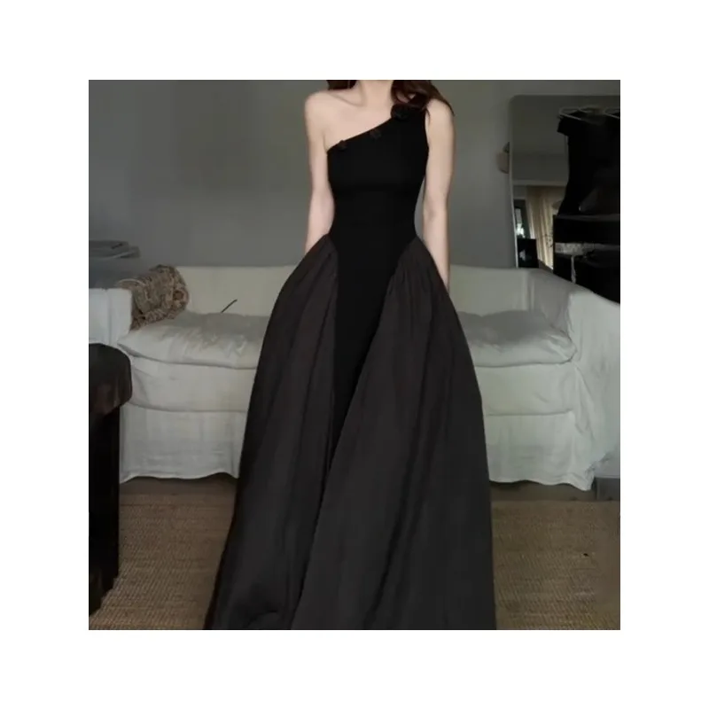 

French temperament slanted shoulder flower long dress women's summer retro waist splicing skirt