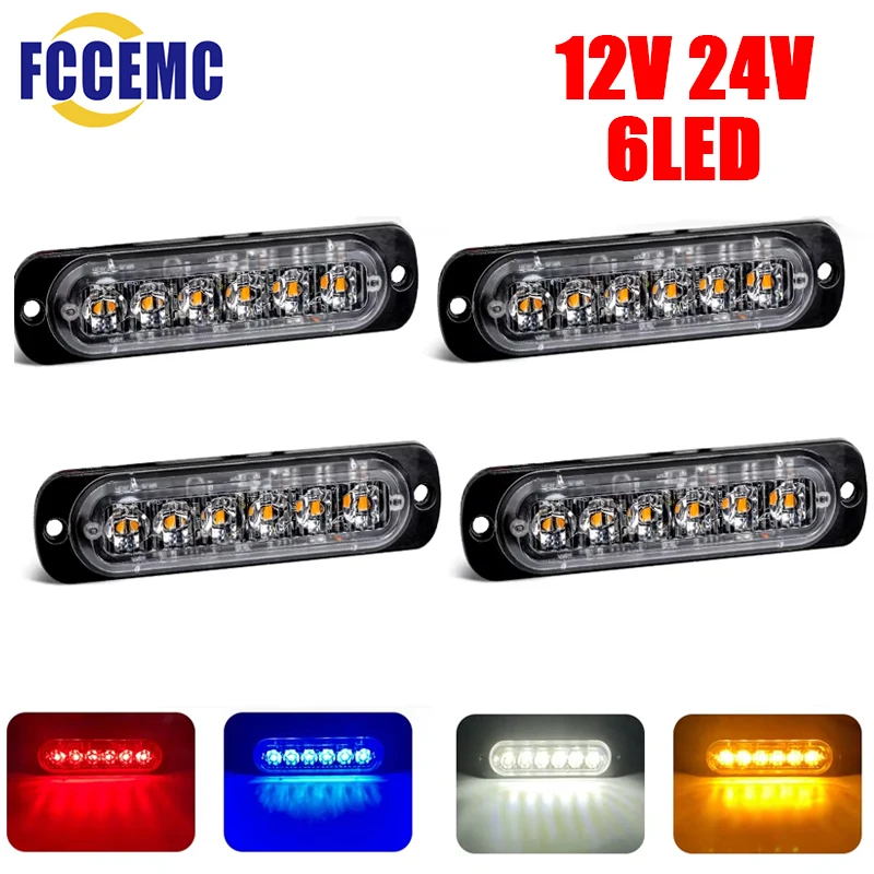 

6 Led Emergency Car Strobe Warning Light Strobe Grille Flashing Lights Bar Truck Car Beacon Lamp Amber Traffic Light 12V 24V