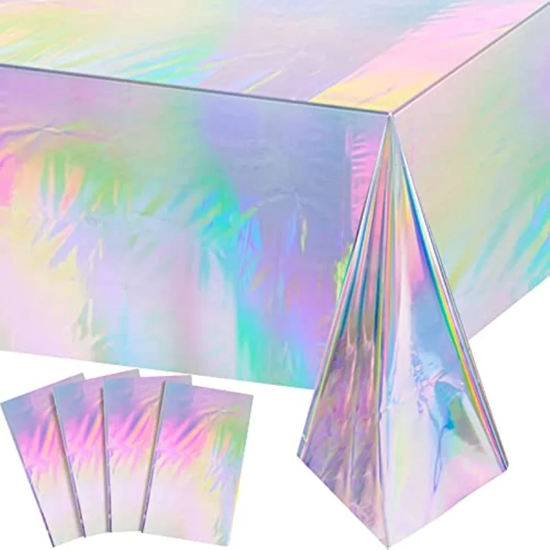 1pc 54x108 Inch Iridescence Plastic Tablecloths Disco Decoration Shiny Disposable Rectangle Table Covers  Party Decoration