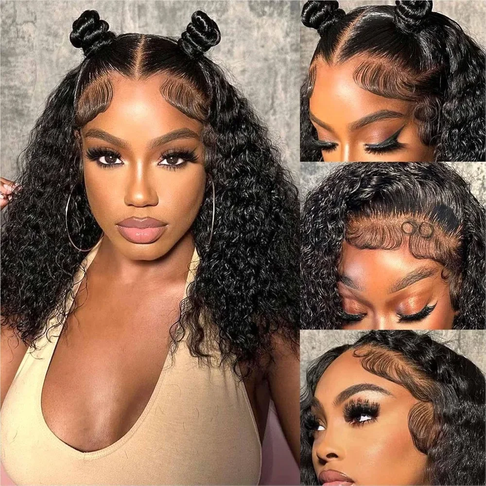 13x4 HD Deep Wave Lace Front Wigs Curly Bob Wig 100% Human Hair For Black Women Natural Hairline with Baby Hair 14 Inch