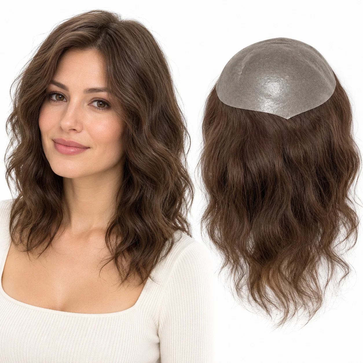 12 Inch European Human Hair PU V-Loop Toupee for Men And Women 8x10 Inch Base Color #3 Synthetic Hair Replacement System