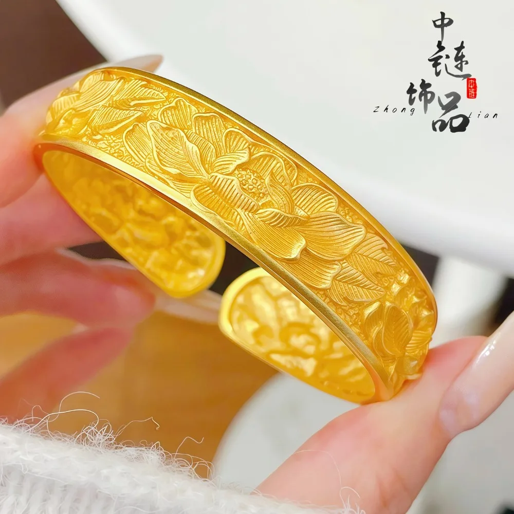 Engraved and hammered rose flower open bracelet 9999gold