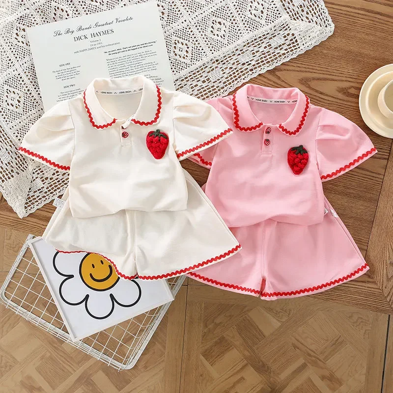 

Baby Girl Clothes Summer Knitwear Polo Shirt & Shorts 2 Pieces Set 3D Strawberry Decoration Toddler Girls Cotton Tracksuit