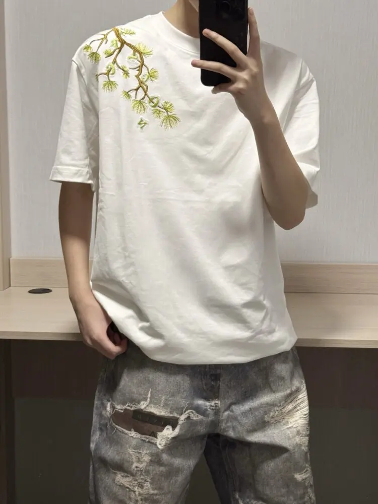2026 Summer New American Street Style Men's Loose Fit Black White Luohan Song Embroidery Casual Short Sleeve T-shirt