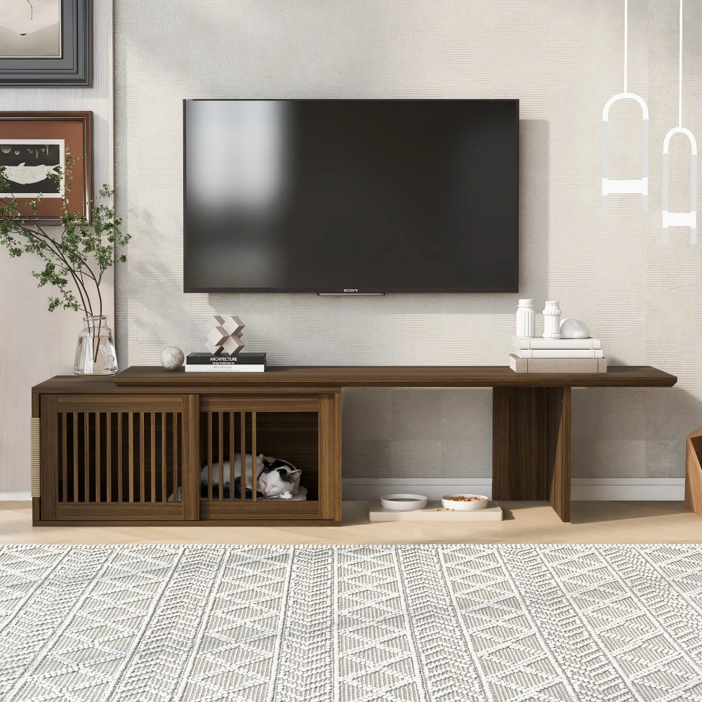 Mid-Century Morden Walnut Tv Stand With Extendable Table Soft Cushion Sliding Door Cat Friendly Furniture