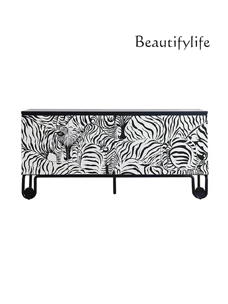 Nordic Light Luxury Art Entrance Cabinet Modern Minimalist Hand Painted Zebra Pattern Designer Model Curio Cabinet