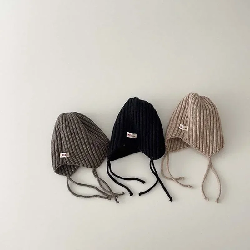 

2025 Korea Kids Knitted Hat Autumn Winter Boys Girls' Solid Color Ear Protection up Pullover Knitted Wool Hat