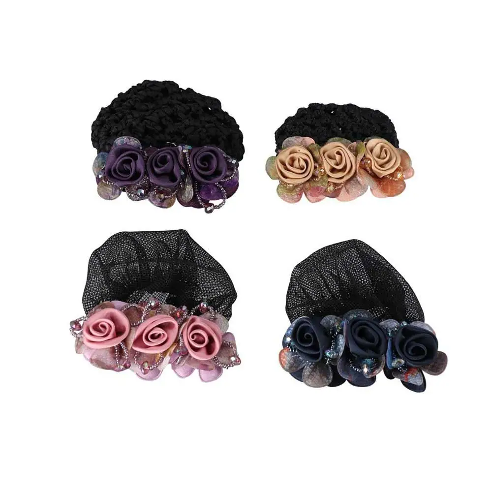 

Mesh Floral Spring Clip Beaded Barrettes Flight Attendant Flower Bun Snood Crystal Hairnet Cover Zircon Women Bun Net