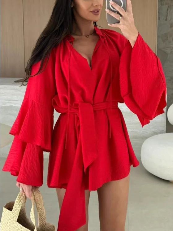 Pink V-ne Loose Long Sve Dr with Belt Autumn New Sle Faionable ort Skirt Commute Simple High Waist Polyester Fiber