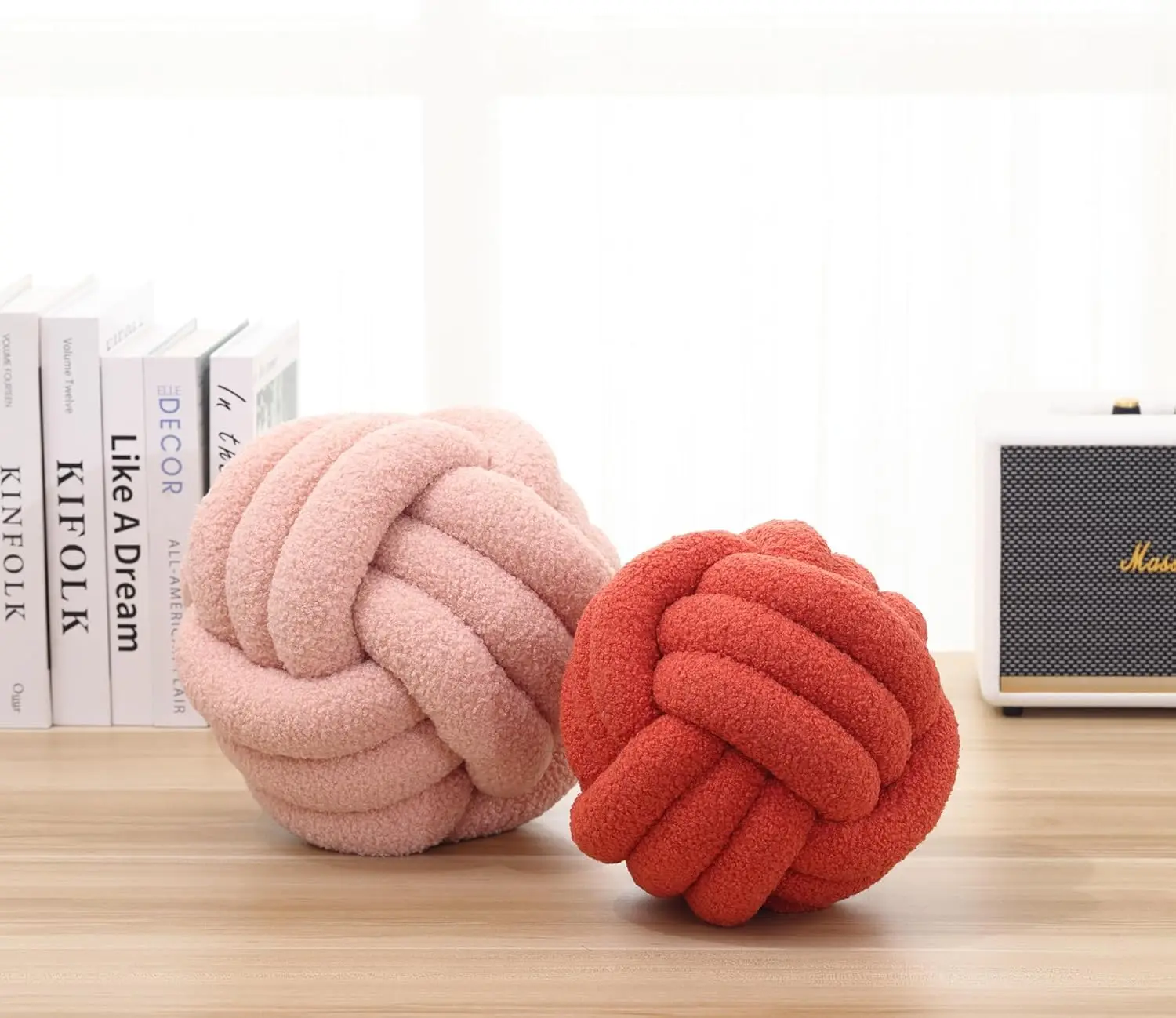 Handmade Braided Knot Pillow Pink Red Gift Round Ball Shape Sherpa Elastic Sleeping Companion Sofa Couch Decor Throw Pillow