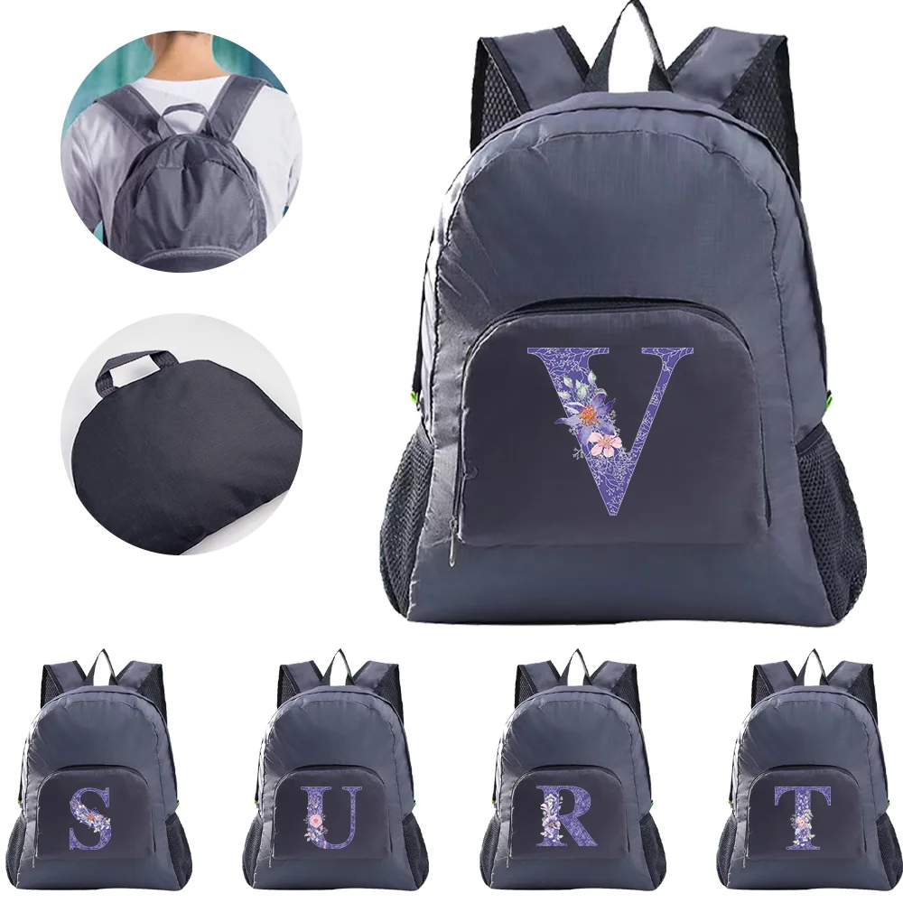 New Foldable Backpacks Climbing Travel Bags Purple Flower Letter Series High Capacity Ultralight Outdoor Portable Folding Bag