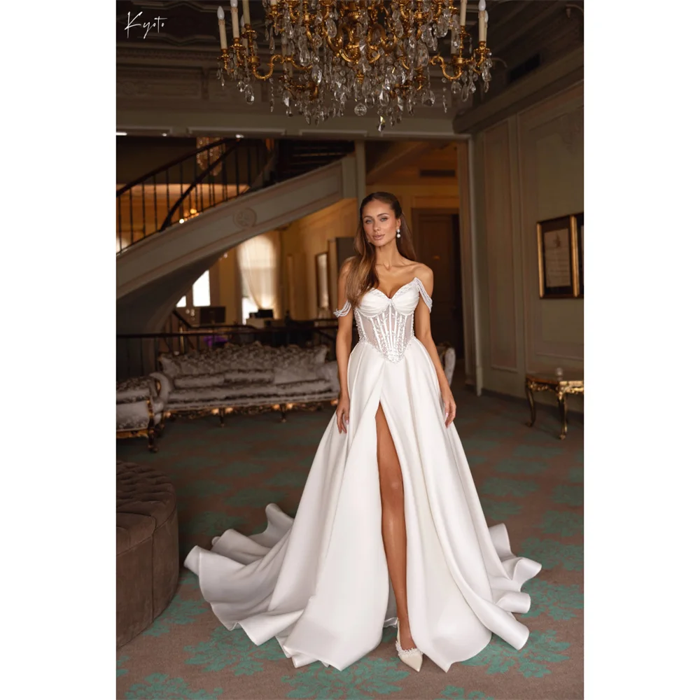 Kyoto personalizzato bianco con spalle scoperte perle abito da sposa spacco alto laterale abiti da sera a-line lungo strascico da sera formale 2025