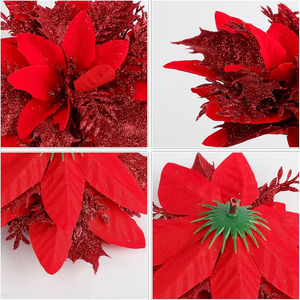 Ornamen bunga pohon Natal 14cm, Poinsettia buatan Poinsettia isi 12 buah dengan klip untuk perapian jendela tangga