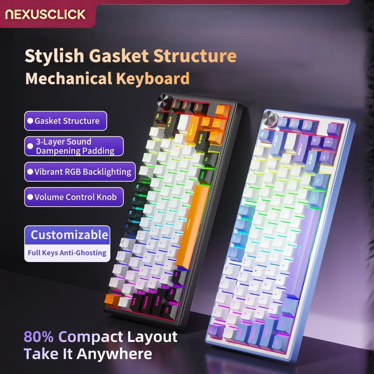 NEXUSCLICK K80 80% Compact Wired Mechanical Gaming Keyboard, Full Keys Hot-Swap Multiple Colorways RGB Backlight Volume Knob
