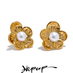 Yhpup Fashion Stainless Steel Simulated Pearls Metal Flower Trendy Stud Earrings Tarnish Resistant Daily Charm Jewelry Gift