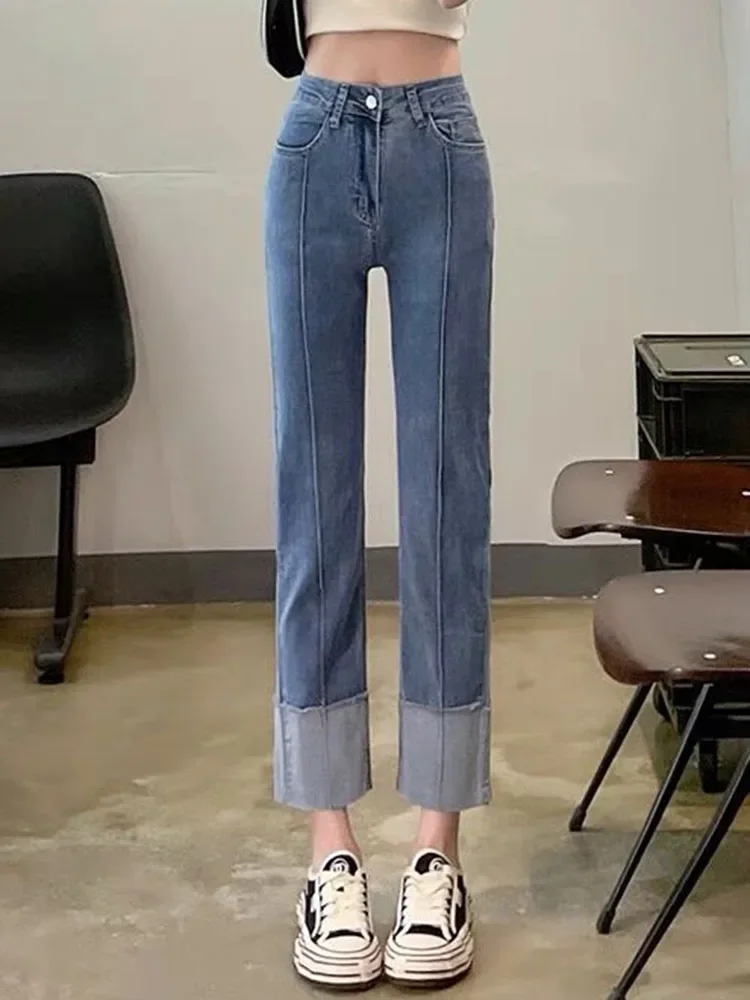 

Корейские повседневные прямые джинсы до щиколотки Kot Pantolon с высокой талией и манжетами, женские винтажные уличные джинсовые брюки большого размера