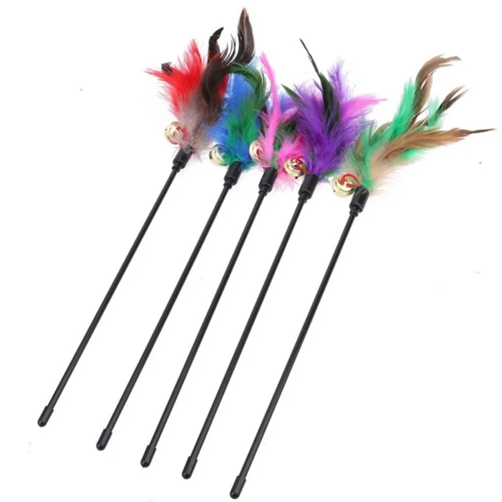 5 pcs Short Pole Cat Teaser Wand Colorful Feather Black Rod Cat Interactive Wand Built In Bell Cat Wand Toy Set Indoor Cat Play