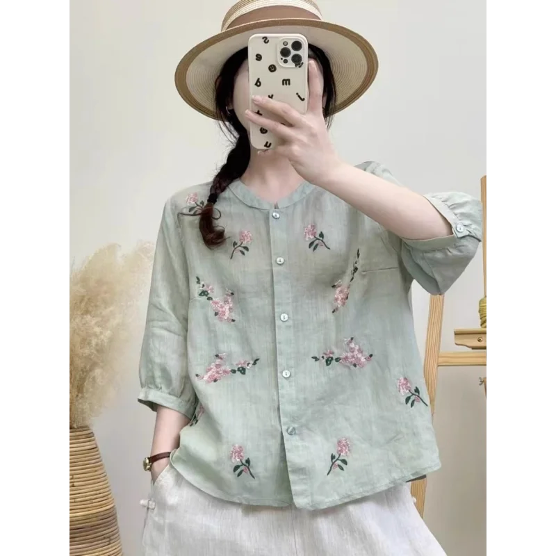

Cotton and Linen Women's New Round Neck Printed Versatile Three-quarter Sleeve Top Thin Heavy Embroidered Shirt