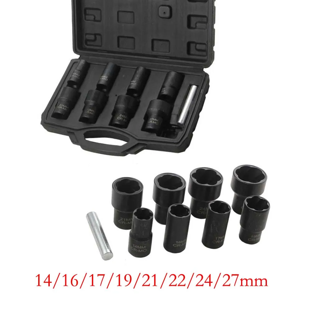 9pcs Impact-Socket Set Portable 1/2in Nut Remover Drill Bit Tool Broken Screw For-Impact Drive Socket Metric Installation Tool