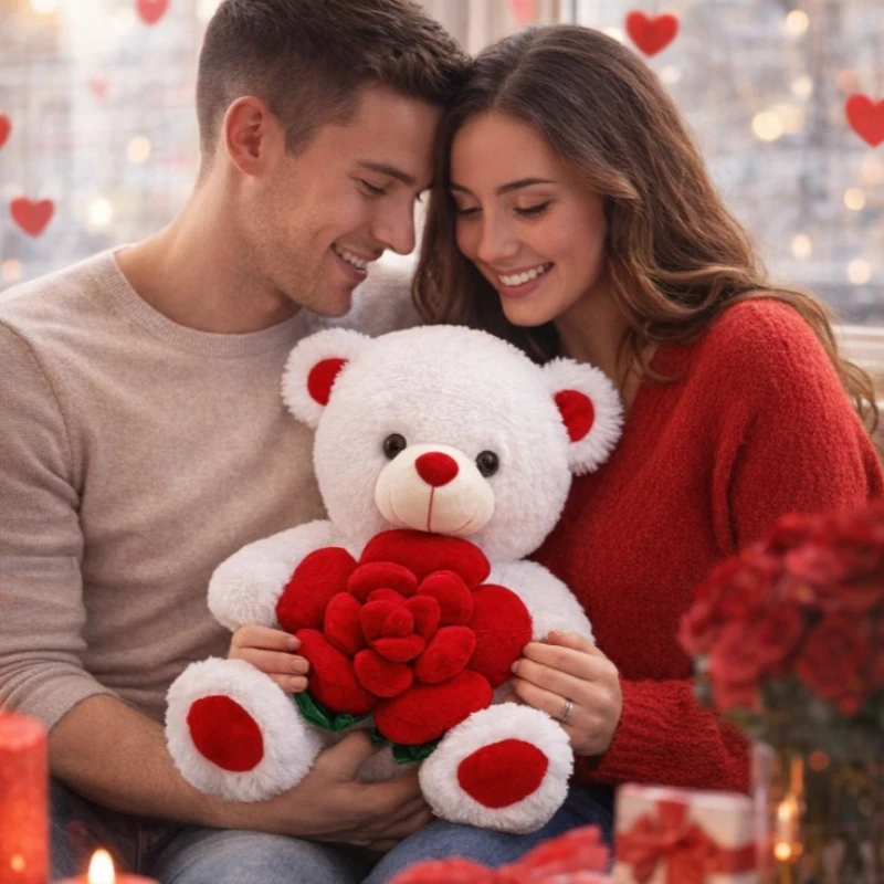 

Плюшевый медведь премиум-класса 30 см с розой, высококачественная мягкая игрушка, белый с розовым, подарок на День святого Валентина для декора дома и особых случаев