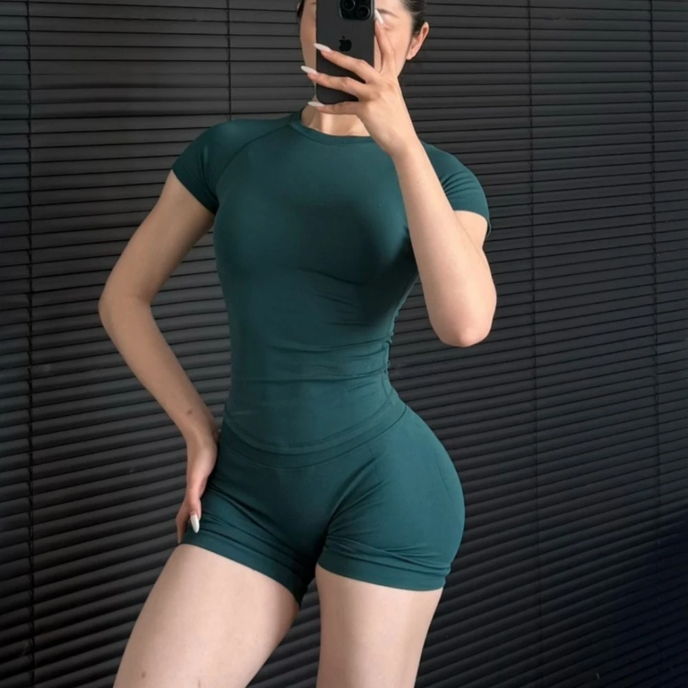 STOUREG Women's Sports Yoga Set Seamless Knitted Gym Clothes Sportswear Short Sleeve Crop Top Tracksuits Gym Short Leggings - Image 5