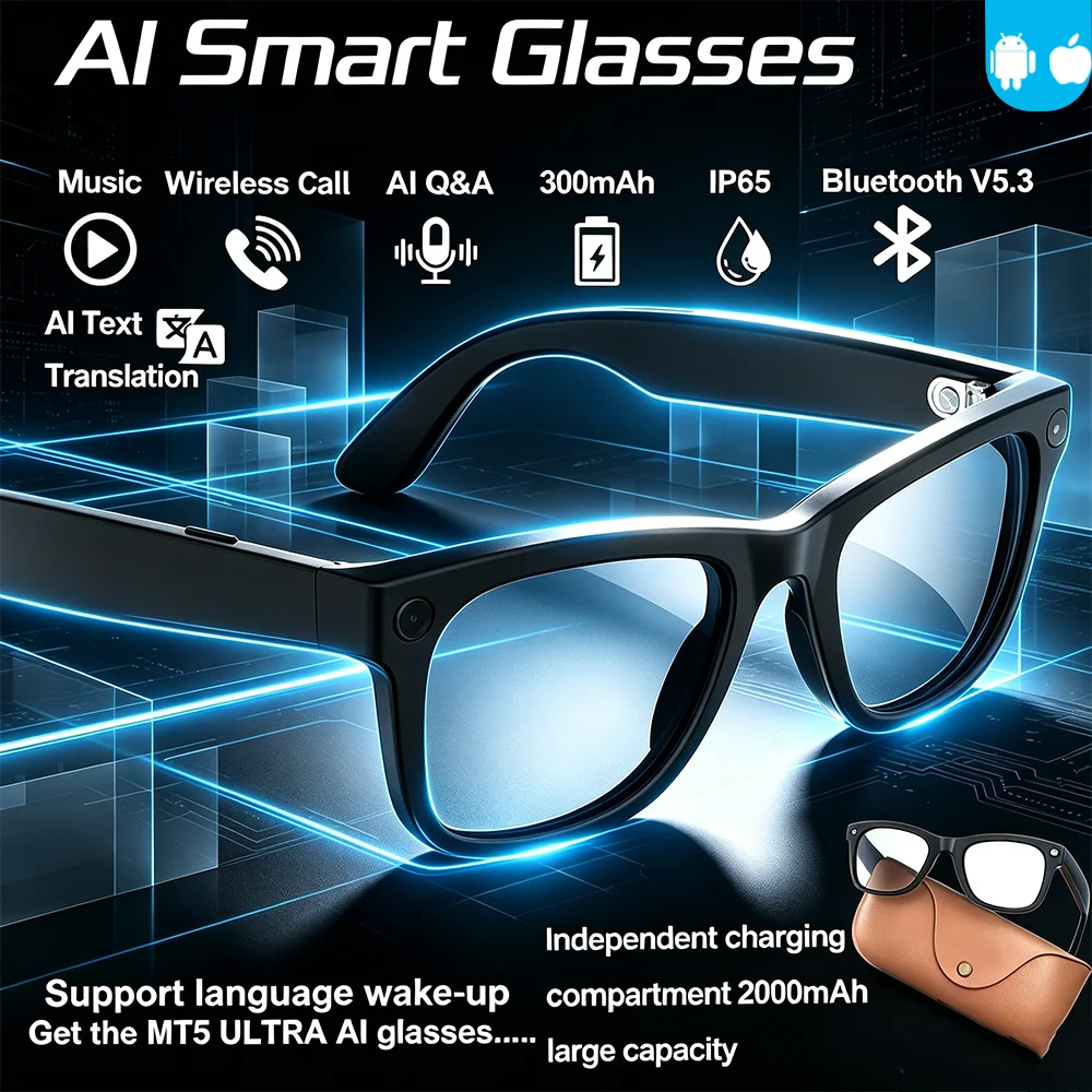 

3D Music BT Call & 8MP HD Lens Smart Glasses AI Voice Wake-up AI Translation 2026 Genuine Leather Design 2000Mah Charging Case