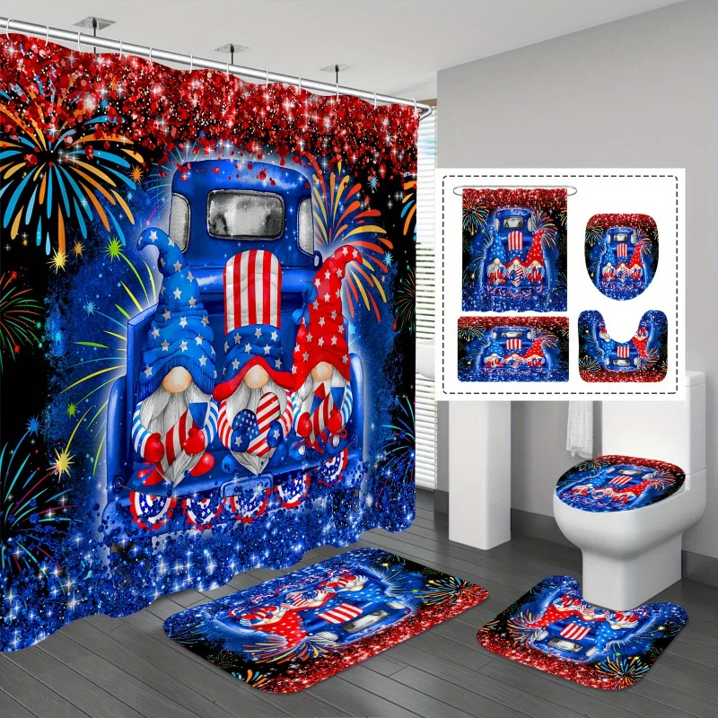 1/4pcs American Gnome Set, Glittery Fireworks Shower Curtain with 12 Hooks, Non-Slip Bathroom Carpet