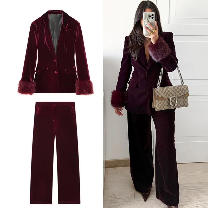 Women's Suit Pants Two-Piece Set Velvet Long Sleeve Blazer Coat + Wide-Leg Pants 2 Pieces Sets Chic Elegant Woman Outfits ﻿