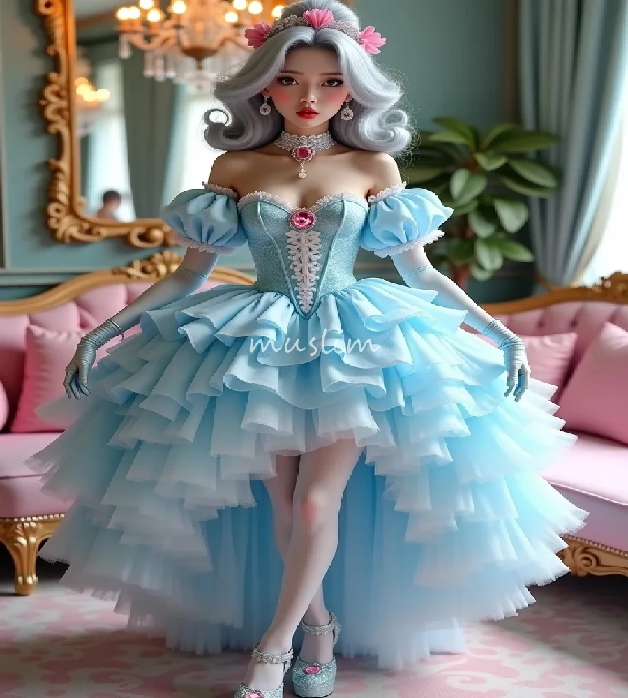 Magic Baby Blue Lolita Prom Dresss Tiered Hi Low Anime Cosplay Evening Dress 2025 Sexy Cocktail Homecoming Party DressCustomized
