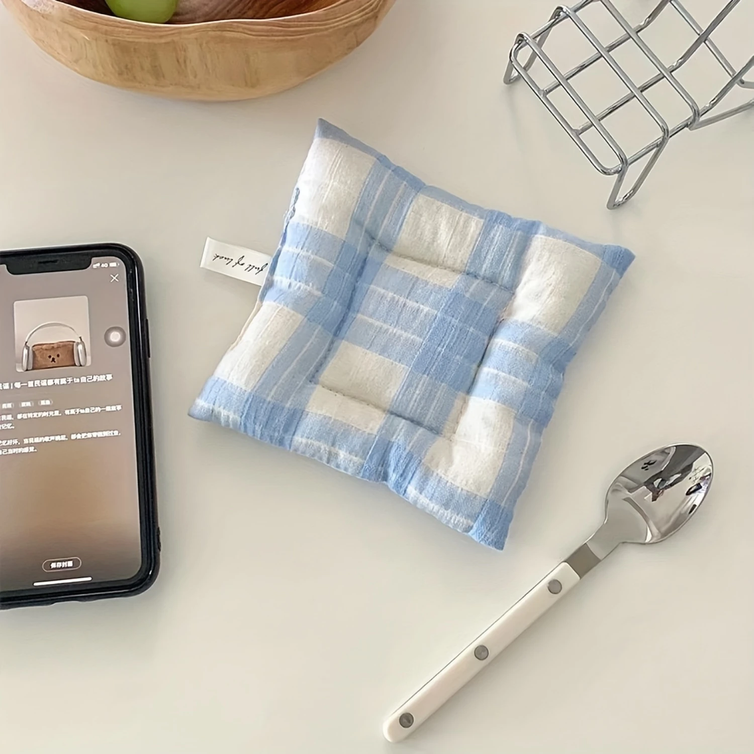 Cream Blue Plaid Quilted Coasters And Placemats