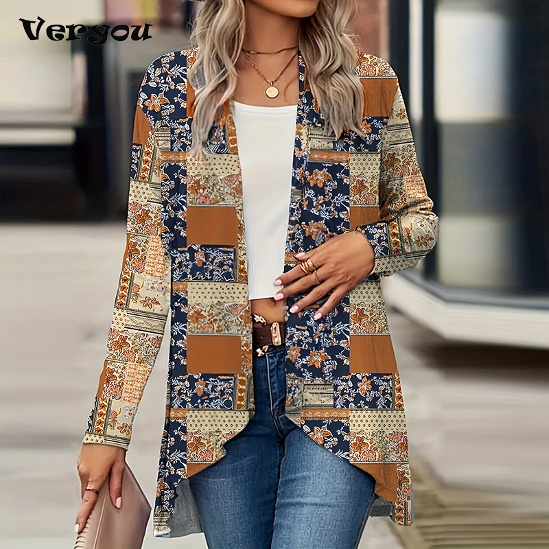 Elegant Cardigan For Women\'s Coats Fashion Women Jacket Turn Down Collar Vintage Print Jackets For Women Casual Loose Thin Tops