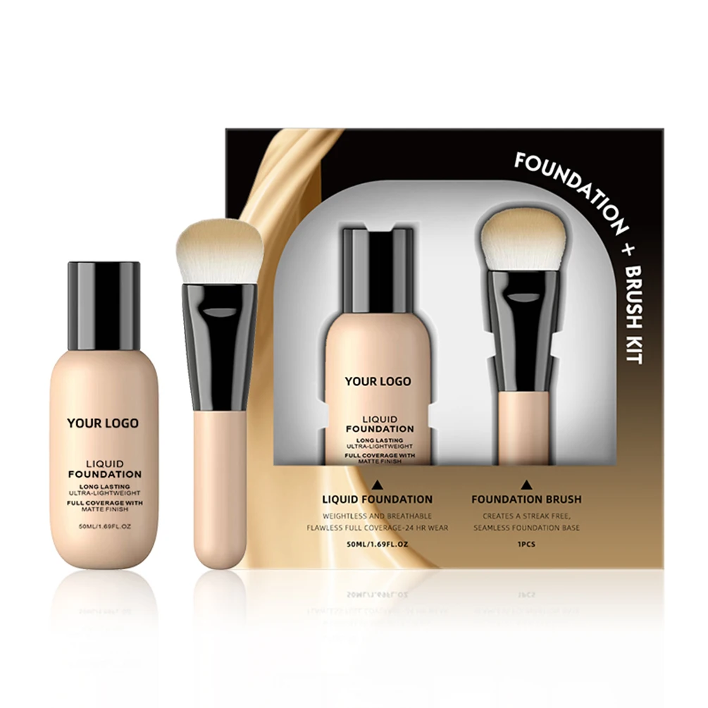 12color Private Label Liquid Foundation+brush Custom Logo 50ml Small Milk Bottle Foundation Brush Set Full Coverage Makeup Vegan