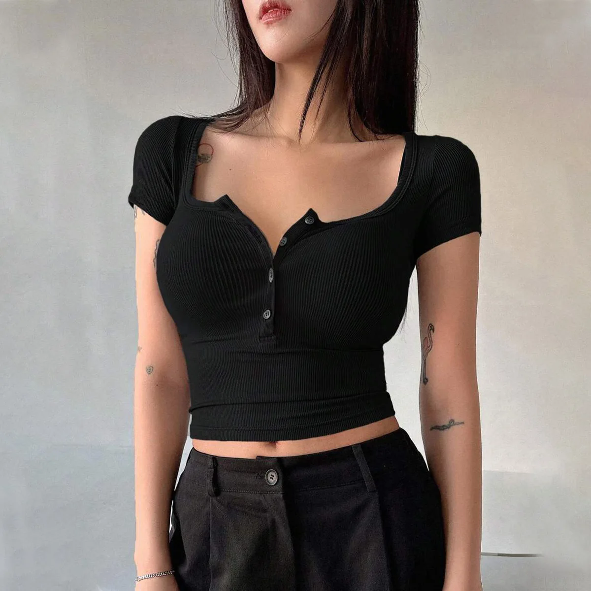 Women Square Neck Ribbed Knit Crop Top Short Sleeve Button Front Slim Fit T Shirts Y2K Vintage Casual Tees Summer Basic Camisole