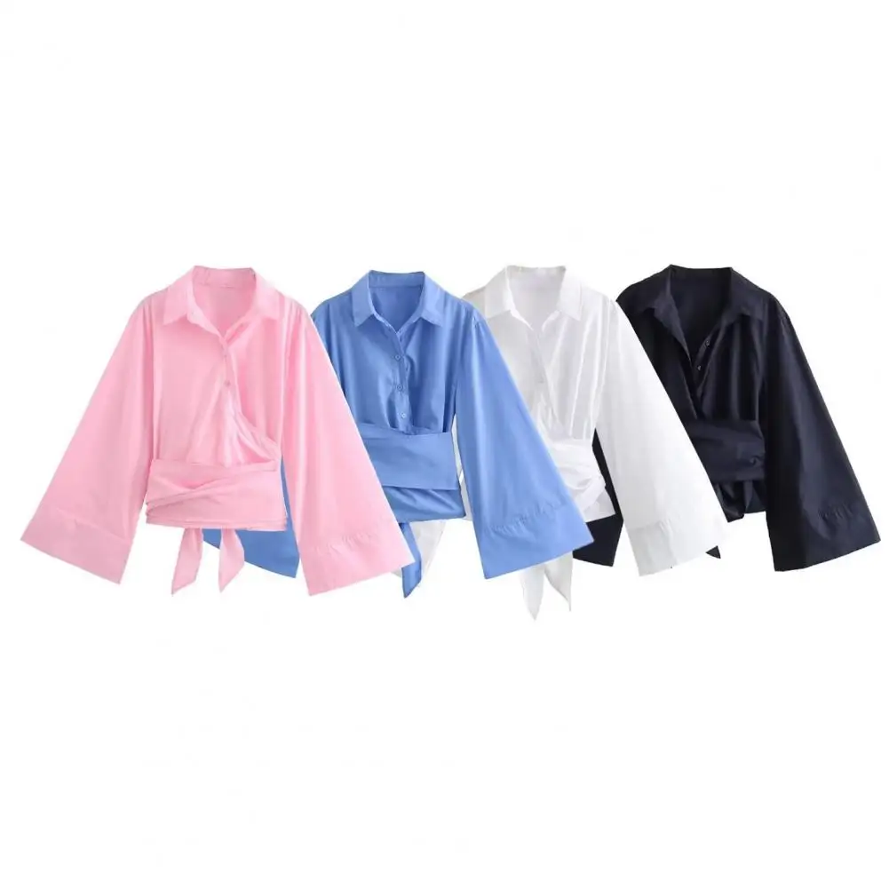 Women Bell Sleeve Shirt Elegant Lace-up Women's Shirt Long Sleeve Button Placket Top for Casual Commuting Style Solid Color Work