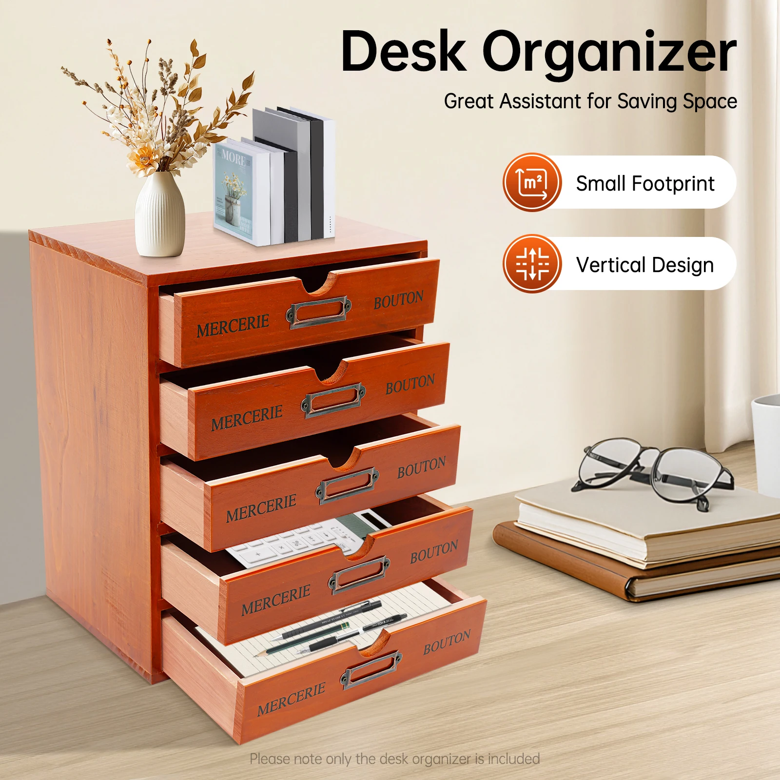 

5-Layer Drawer Storage Cabinet Brown Pine Wood 5kg Load Capacity Label Slots Drawer Snap for Office Home Study Desk Organizer