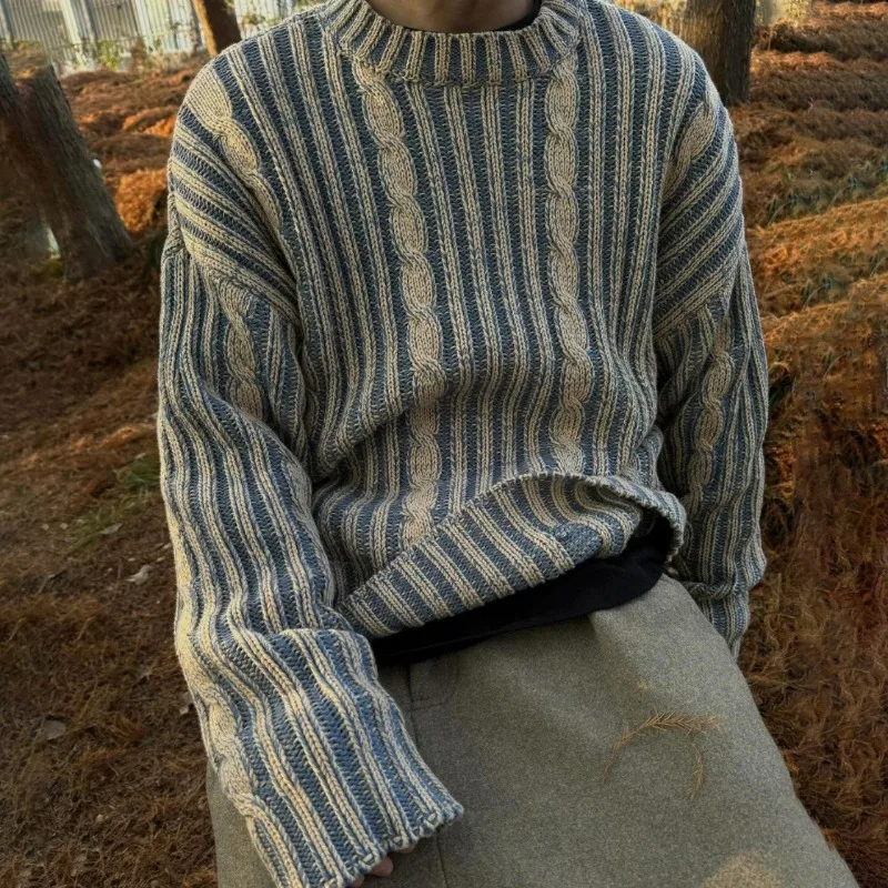 Niche Mixed Color Knitted Sweater Men Japanese Style Retro Striped Contrasting Round Neck Pullovers Couple Casual Losse Jumpers