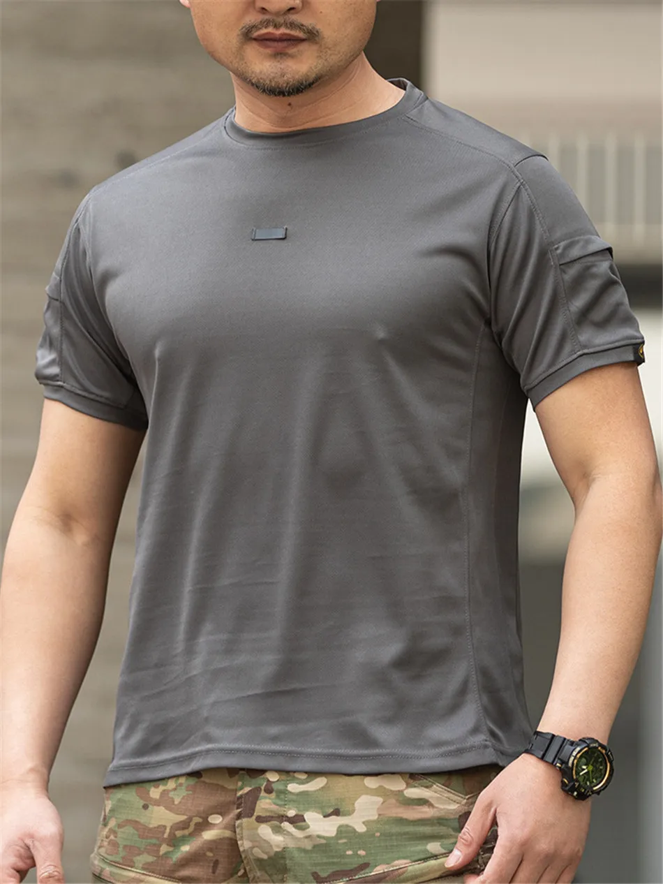 Camiseta de manga corta de secado rápido con cuello redondo para hombre, camisa táctica de verano con bolsillo, ropa deportiva para exteriores, camiseta para correr y senderismo