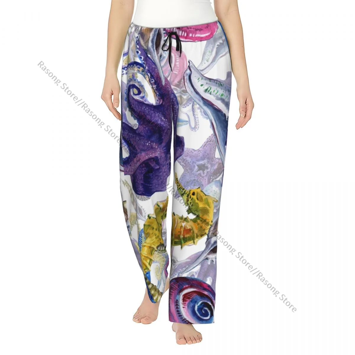 Women Flannel Lounge Pants Soft Watercolor Summer Beach Seashell Tropical Underwater Creatures Pajama Pants Winter Sleepwear