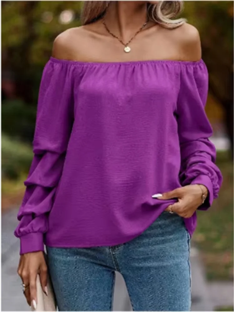 T-shirt à manches longues et col Slash pour femme, épaules dénudées, couleur unie, Sexy, haut élégant, mode de rue, vêtements d'automne