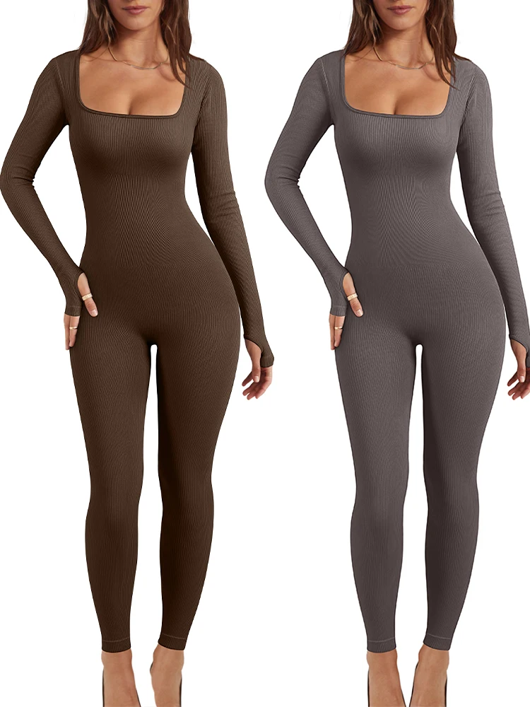 Women Yoga One Piece Jumpsuit Seamless Long Sleeved Square Neck Tight Sexy Sports Jumpsuit Yoga Fashion Fitness Sportswear