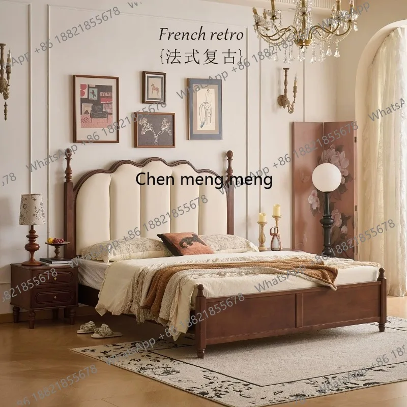 retro all solid wood double master bedroom wedding bed medium antique atmosphere high screen soft bag bed