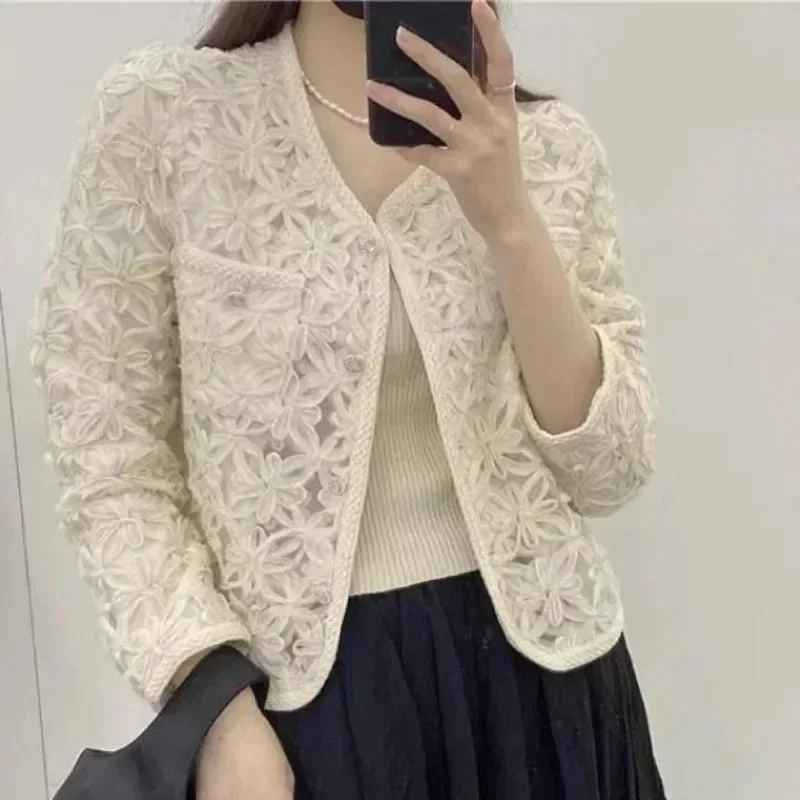 Elegant Lace Hook Flower Hollwo Out Sweet Jacket O-neck Thin Short Coat Women Spring Summer NewLong Sleeve Outwears Female