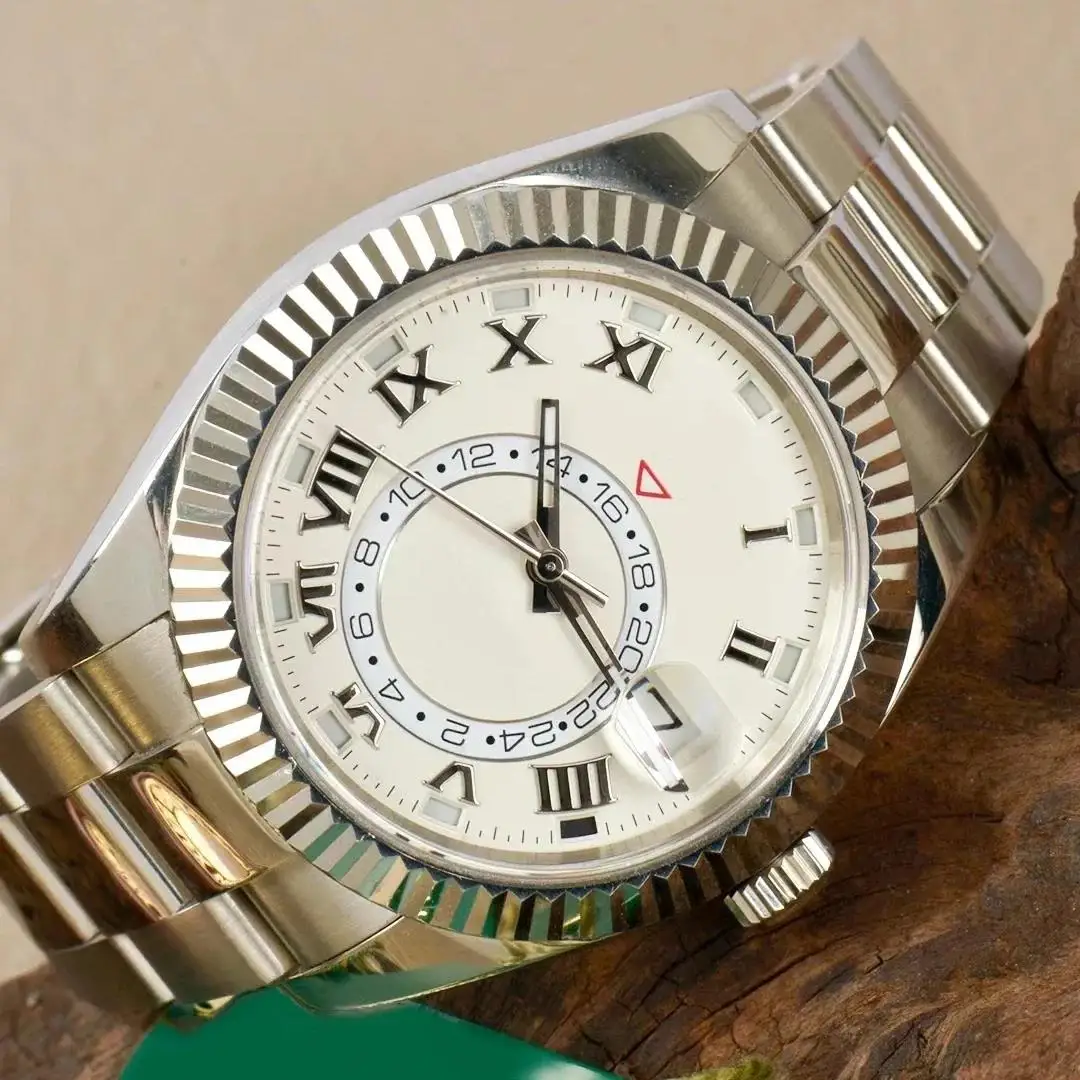 ساعة أوتوماتيكية فاخرة للرجال ساعات ميكانيكية ستانلس ستيل أخضر أسود تقويم سكاي بلو Dwellers عرض توقيت مزدوج