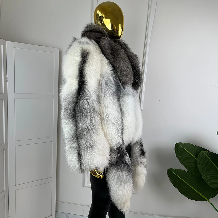 Real Haired Marble Fox Fur Coat With Tails Natural Silver Fox Fur Coat Cropped Fur Jacket High Quality Men's Short Fur Coat