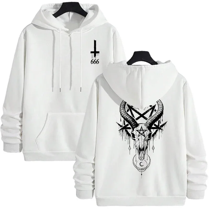 666 Inverted Cross Goat Pentagram Hoodie Front Back Print Pocket Pullover Gothic Dark Street Long Sleeve Top