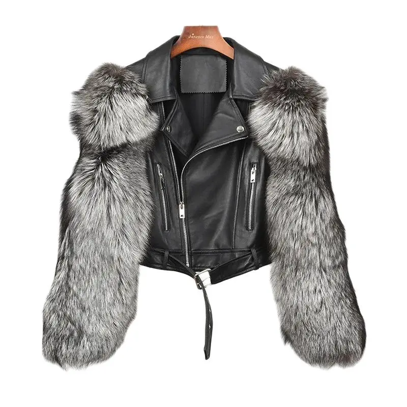 Lady Fashion Real Leather Jacket Women 2024 New Style Sheep Leather Coat With Fox Fur Sleeve Outerwear S7862B