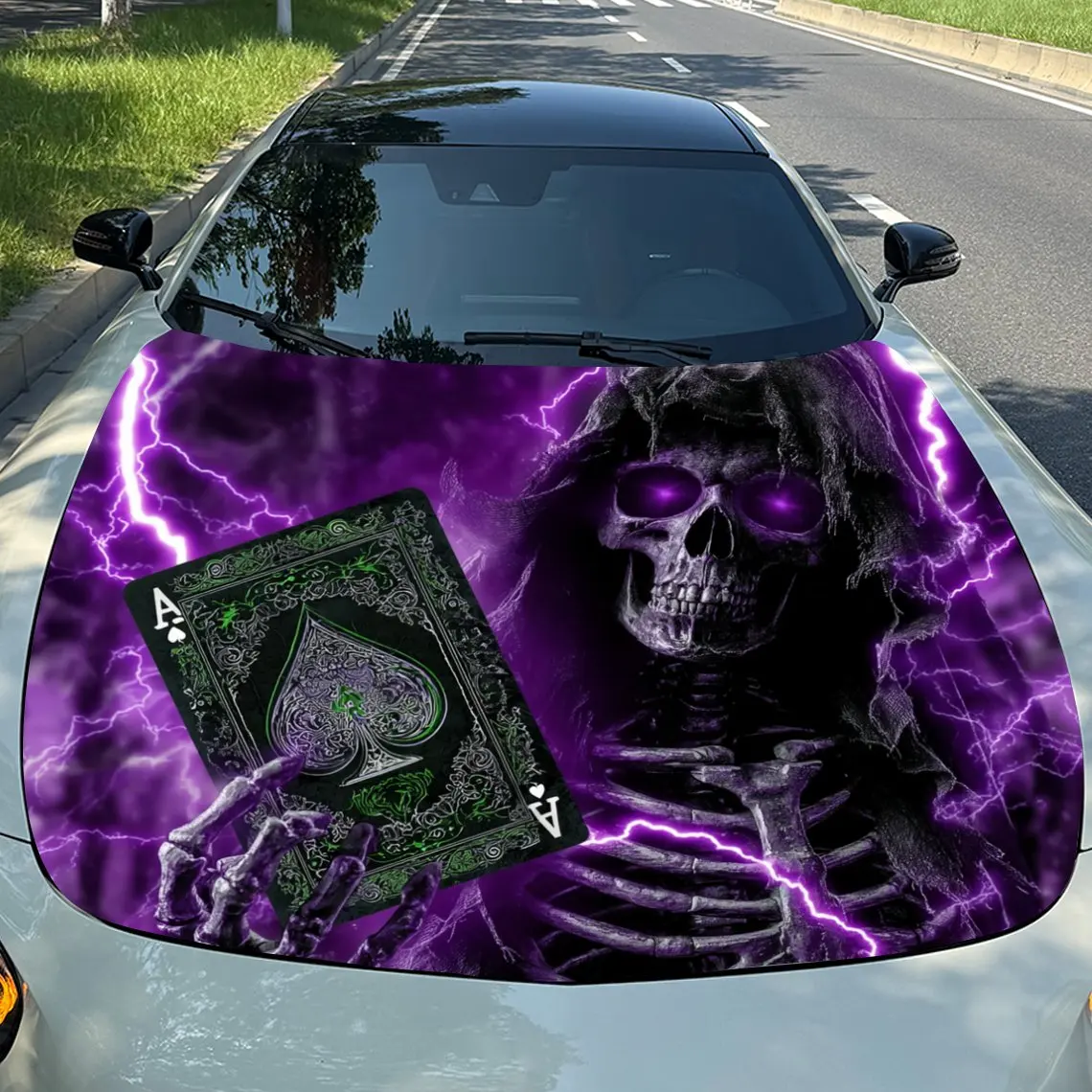 

Purple Lightning Poker Skeleton Vinyl Film For Car Engine Hood, Waterproof PVC Sticker For Car Engine Hood, Self-adhesive Paper