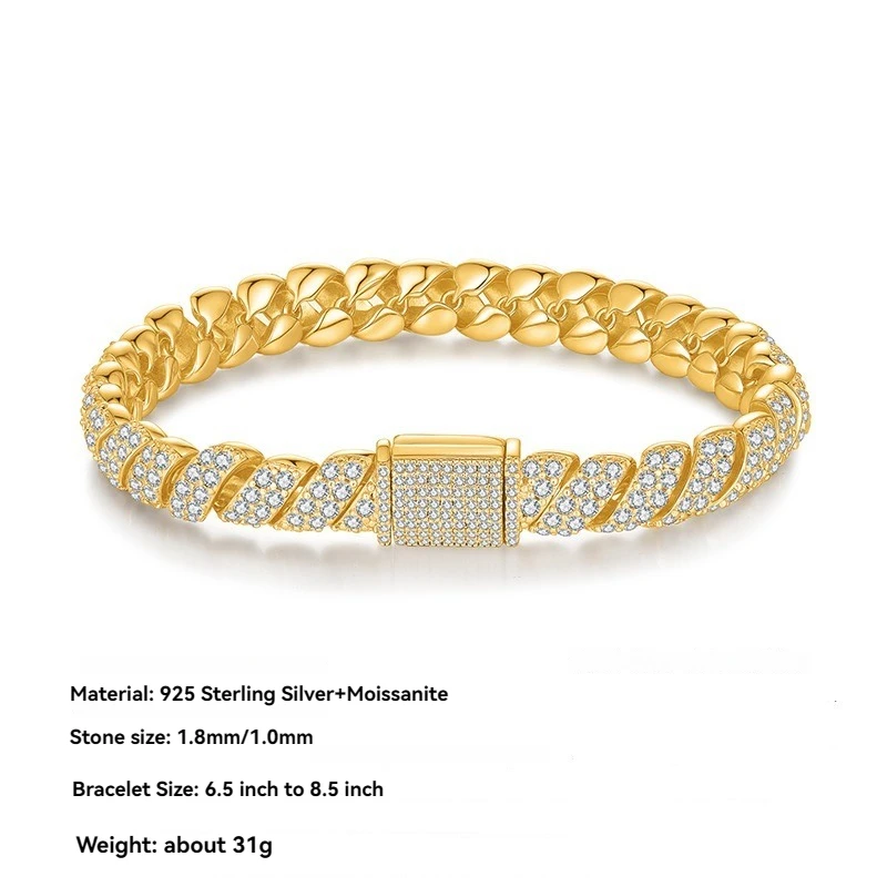 

925 Sterling Silver D Color Moissanite Men's Bracelet -Gold Plated Wedding Bracelets for Women & Valentine's Day Gift for Lovers